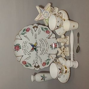 Order of the Eastern Star Gavel Saucers Cups Spoon Plate Vase S & P Shakers Lot